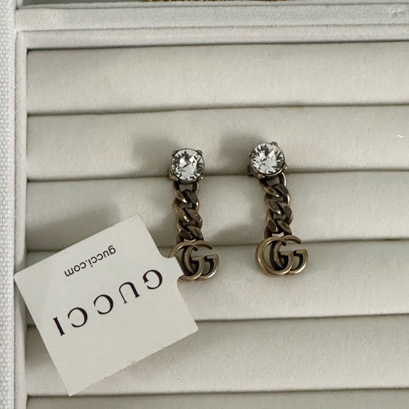Gucci Gold GG Chain Earrings with Clear Crystals - Picture 1 of 1
